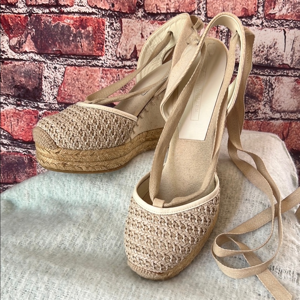 Ralph Lauren Cream Espadrille Wedge Sandals with Ankle Wrap